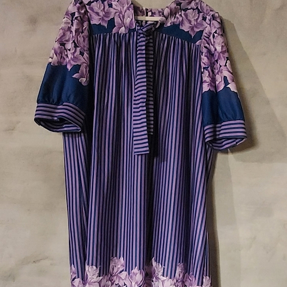 Kitschy 1960's striped floral housedress ~ mumuu ~ loungewear w/ b… - Picture 9 of 16